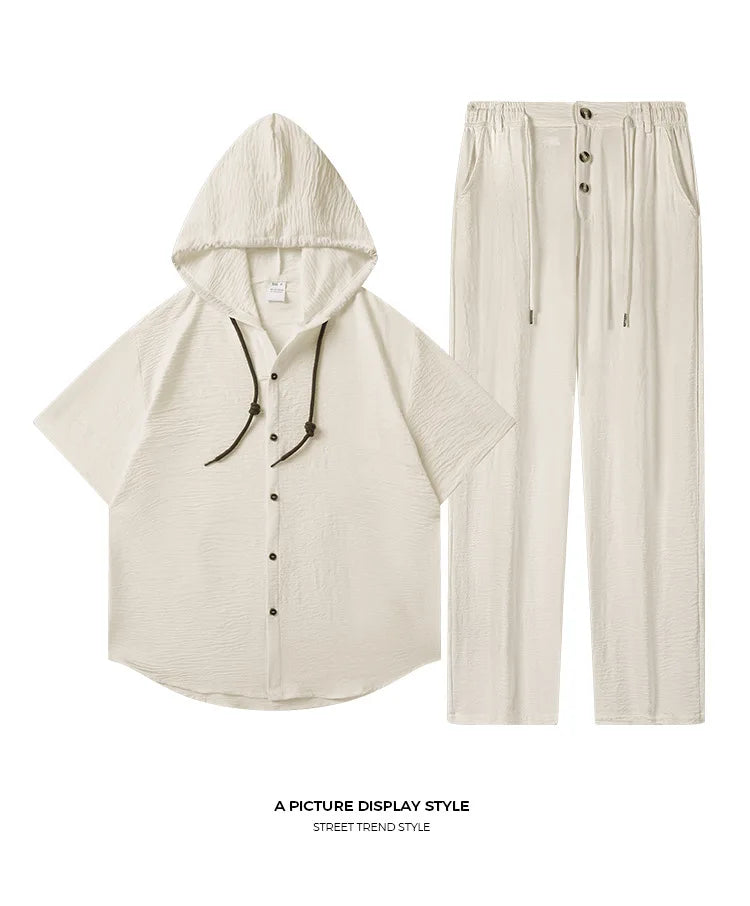 Men's Sport Casual Suit - Stylish and Handsome, with A Hooded, Pleated Short-sleeved Shirt and Loose-fitting Trousers.