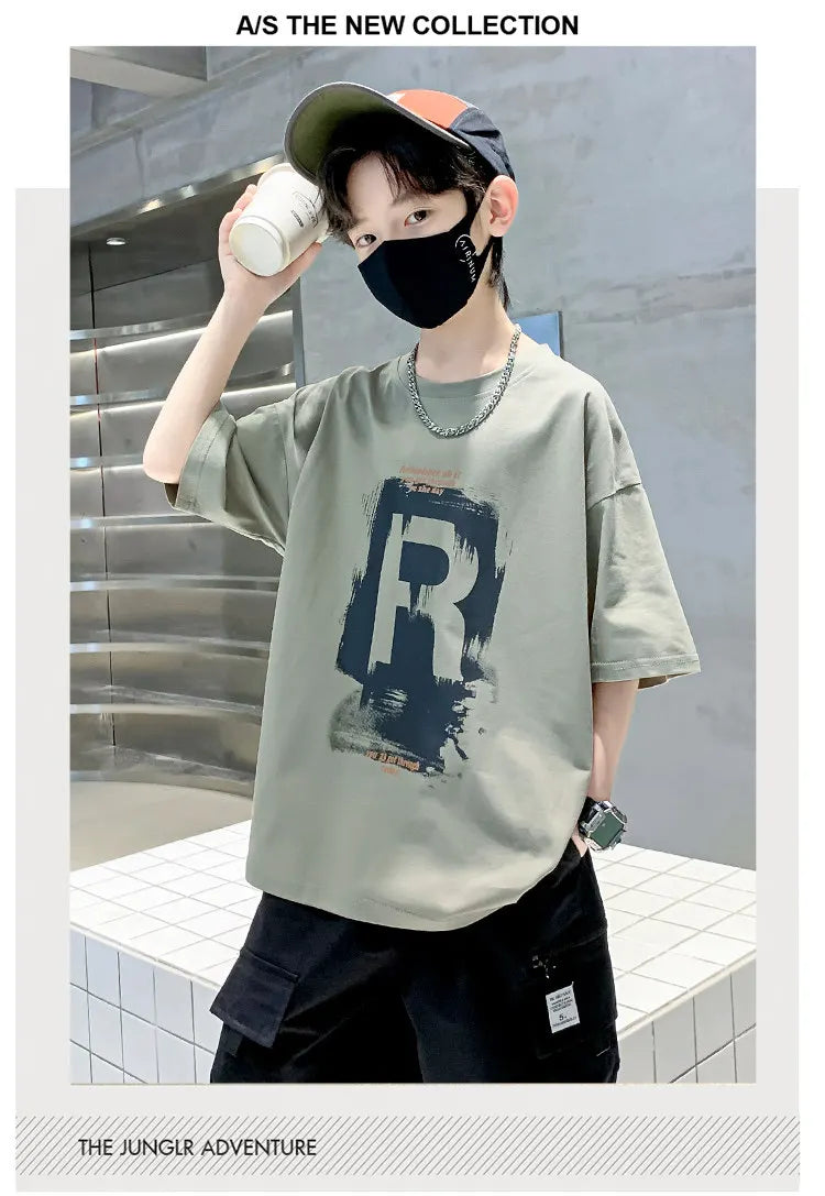 New Kids Boy Casual Tshirts Tops Novelty Printed Summer Children's T-shirt Short Sleeve Clothes Teenager Khaki Black Cotton Tees