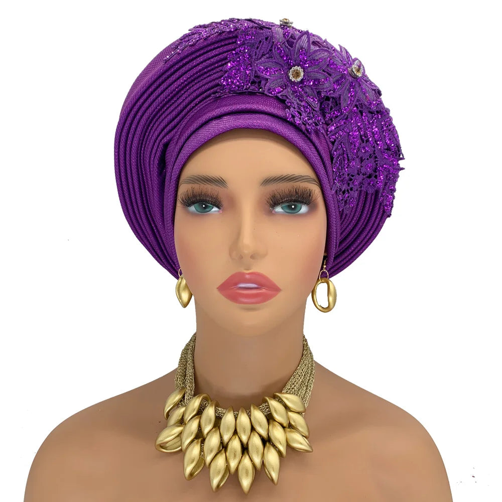 Elegant African Autogele Women's Turban Cap Nigeria Wedding Gele Ready to Wear Headtie with Embroidery Lace Party Headwear