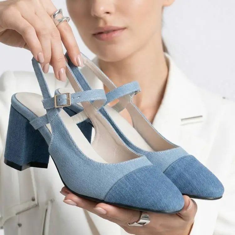 Mary Jane Colorful Leather Single Shoes Female Round Toe Back Empty Buckle Strap Women’s Sandals 7cm Chunky High Heels Office DE