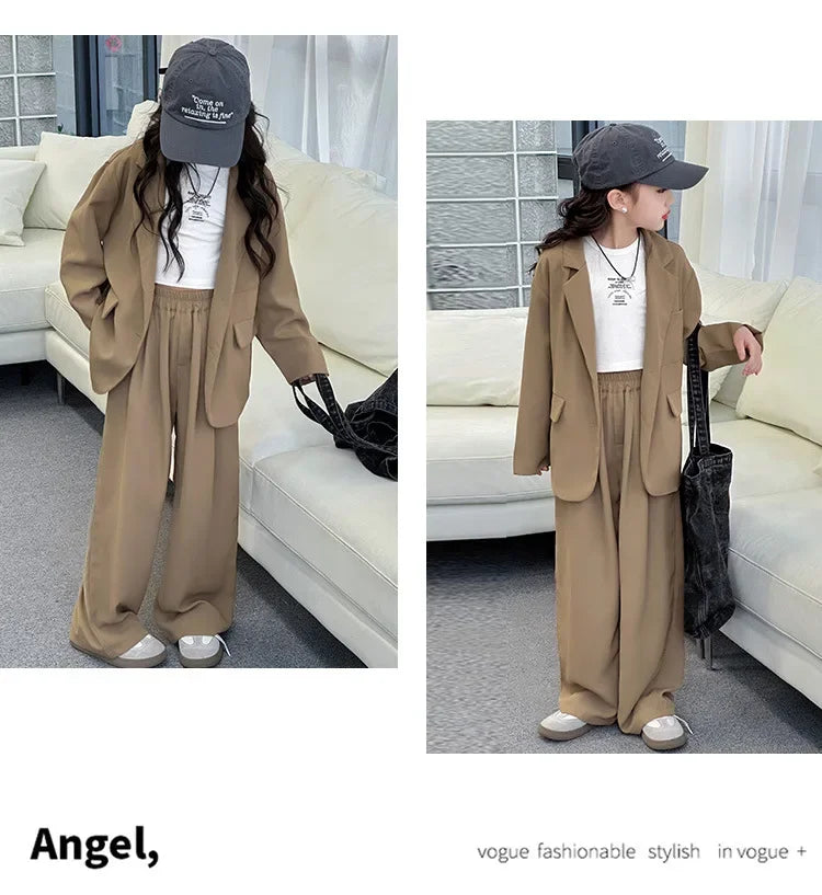 Girls Blazer Set Spring Autumn Fashion Loose Fit Jacket Trousers 2-Piece Kids Casual Outfit Trendy School Children Clothes Suit