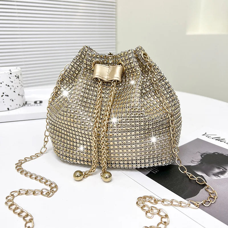 Women Luxury Shoulder Bag Solid Color Rhinestone Glittering Satchel Bag Drawstring Shinny Sling Purse Dinner Party Bag
