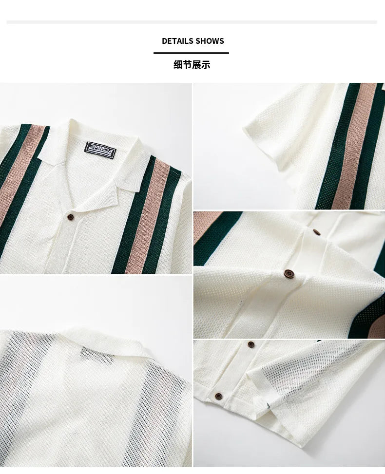 Summer New Knitted Shirts for Men Fashion Cuban Collar Business Casual Social Polo Shirts Knit Cardigans Men Clothing Streetwear