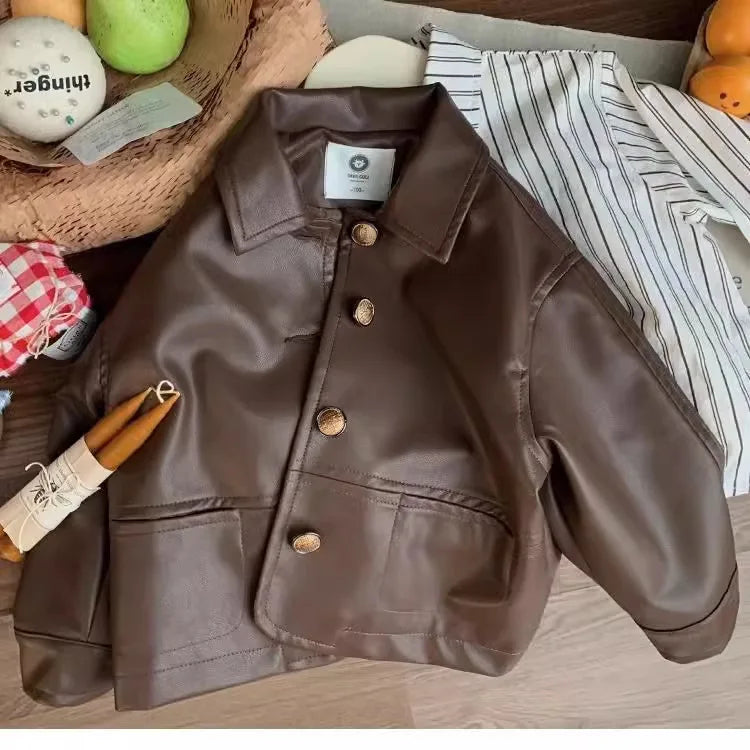 Childrens Suit Spring and Autumn New Korean Girls Fashion Leather Coat Striped Shirt Solid Color Pleated Skirt Three Piece Set