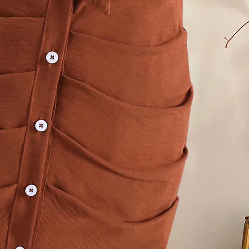 Girls 8-12 Casual Dress, Brown Lapel Short Sleeve Belted Ruched Bodycon Shirt Dress, Retro and Elegant for Daily Wear