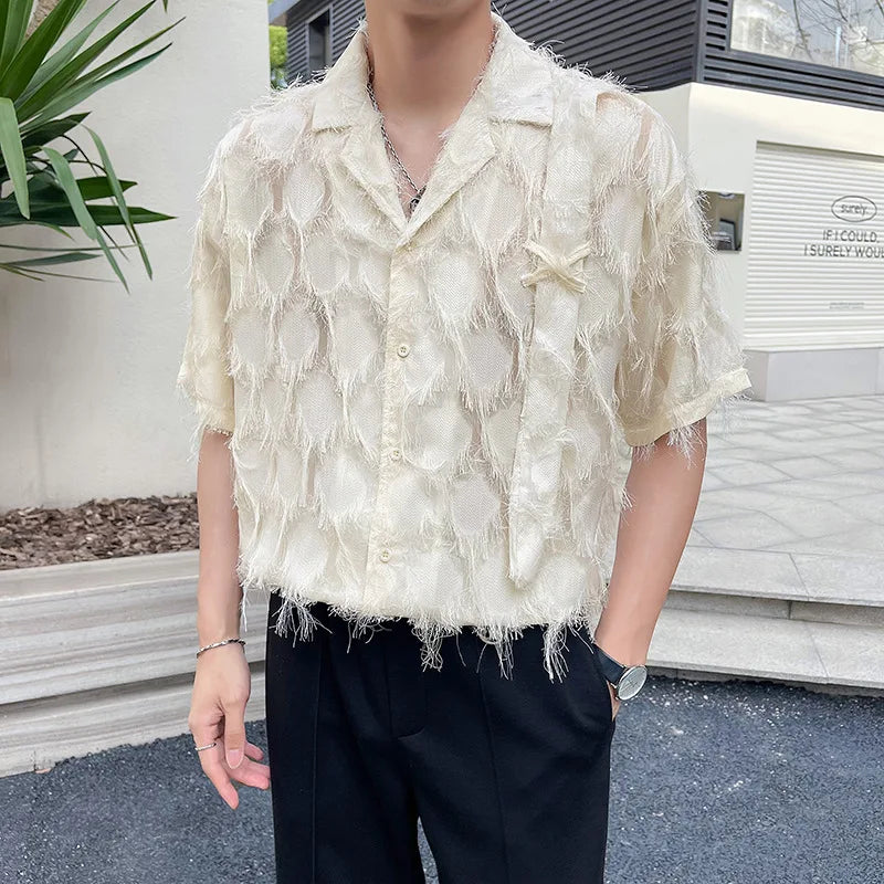 Mature Style Fringed Fringed Design Half-sleeved Shirt for Men's Niche Loose Summer Short-sleeved