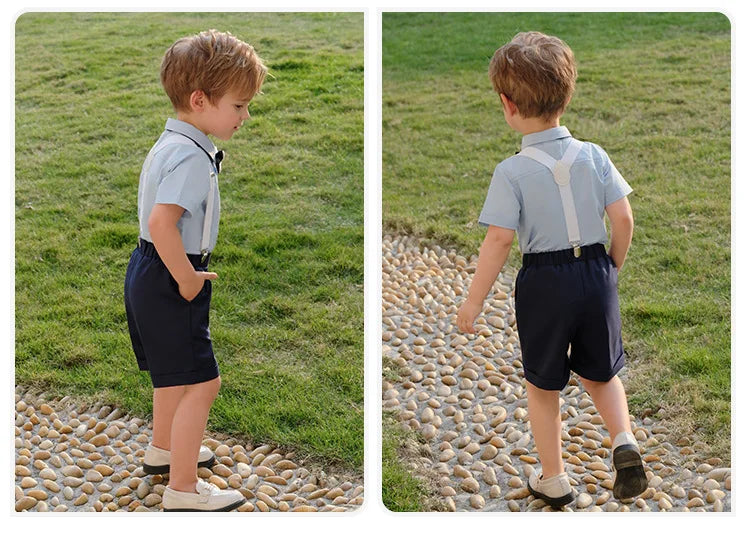 Kid Formal Strap Shirt Shorts Bowtie Clothing Set Gentleman Baby Toddler Tracksuit Elegant Boys Outfit Suit For Wedding Children