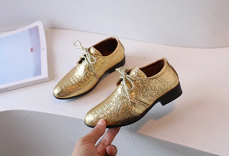 Boys Leather Shoes Pointed Toe Children Performance Shoes Low Heels British Style School Kids Shoes Gold Lace Up Casual Loafers