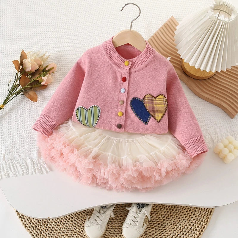 Girl's Round Neck Colorful Button Sweet Big Heart Sweater Jacket 2025 Autumn/winter New Item