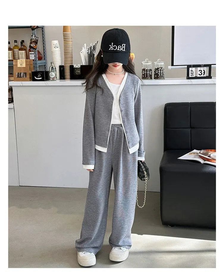 Korea Style Girls Casual Clothing Sets Single Button V-Neck Fake Splice Top and Pants Two Pieces Grey Khaki Kids Teenage Outfits