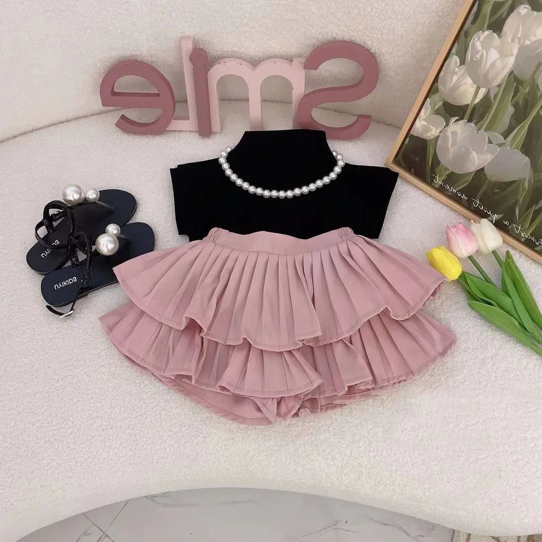 Girls Set 2024 New Girls Summer Short Sleeved Pleated Skirt Two Piece Set Girls Summer Lovely Princess Clothes
