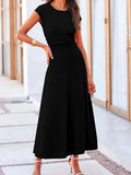 Women Elegant Maxi Dress O Neck Cap Sleeve Ruched Waist A-Line Long Dress Solid Black Casual Party Evening Sundress