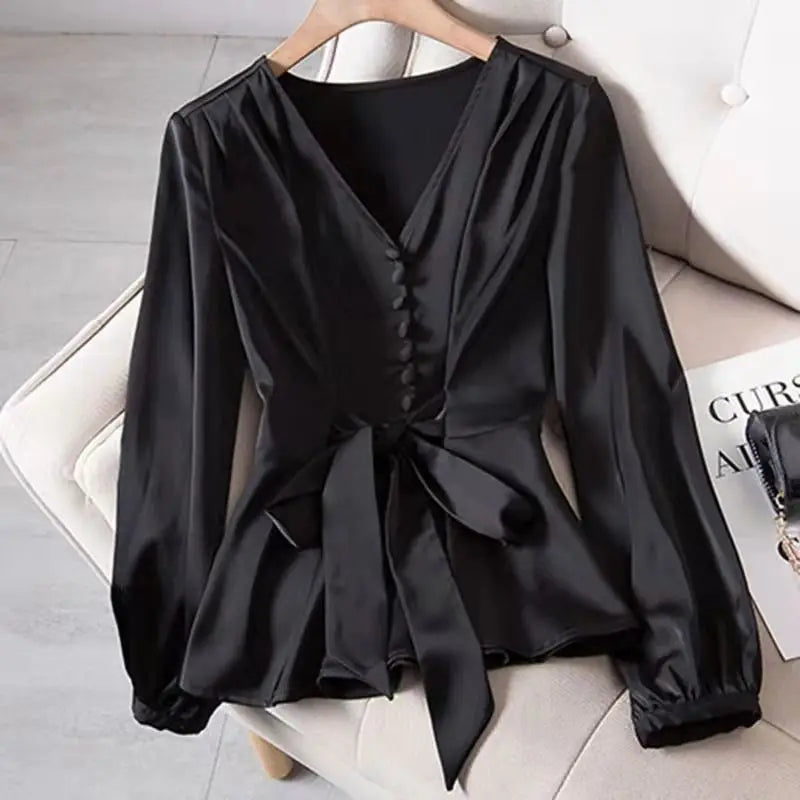 L-4XL Blouses Women Elegant Solid Black V-neck Design Button Bow Shirts High Street Fashion Slim Long Sleeve Tops Lady Clothing