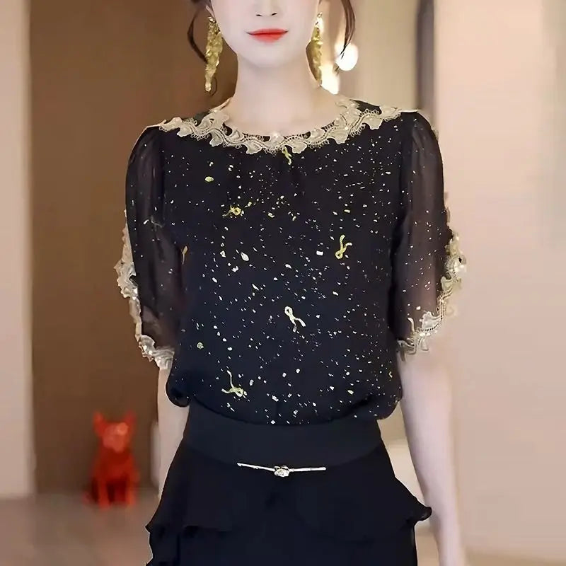 Elegant Blouses for Women Thin Summer Casual All-match Black Sheer Mesh O-neck Streetwear Middle Age Female Fashion Loose Chic