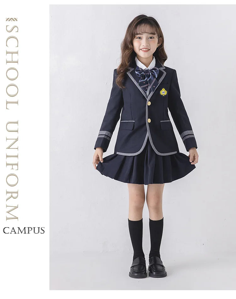 Child School Uniform Girls Korean Japanese Navy Jacket Pleated Skirt Boys Formal Dress Suits Kids Student Clothes Class Sets