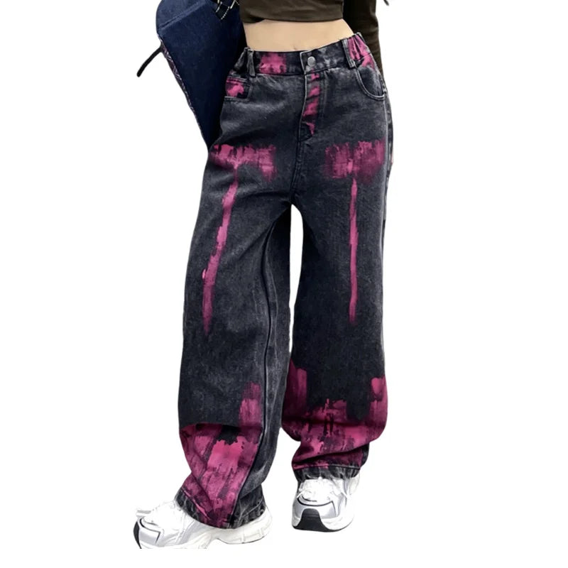 Kids Jeans for Girls Fashion Graffiti Dyeing 2025 Spring Autumn Hot Sales Teenager Unique Wide Leg Pants Korean Style Trousers