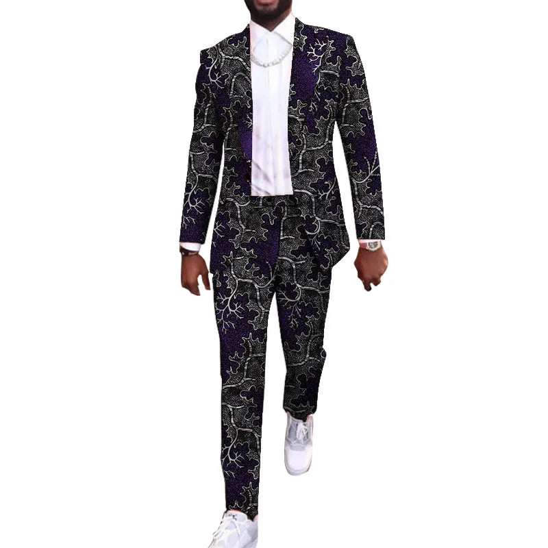 African Party Suit Men Blazers+Trousers Original Design Colorful Print Nigerian Outfits Tailor Made Male Wedding Wear