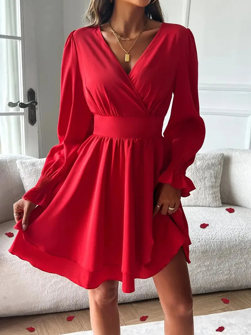 Summer New Dresses 2026 Woman Clothing V-Neck Lantern Sleeve Wrap Mini Dress Ruched Waisted Dress Elegant for Spring Party Dress