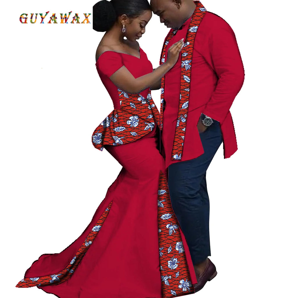 Dashiki Couple African Clothes Matching Clothes for Couples Women Ankara Print Party Dresses Fashion Men Top and Scarf Suits