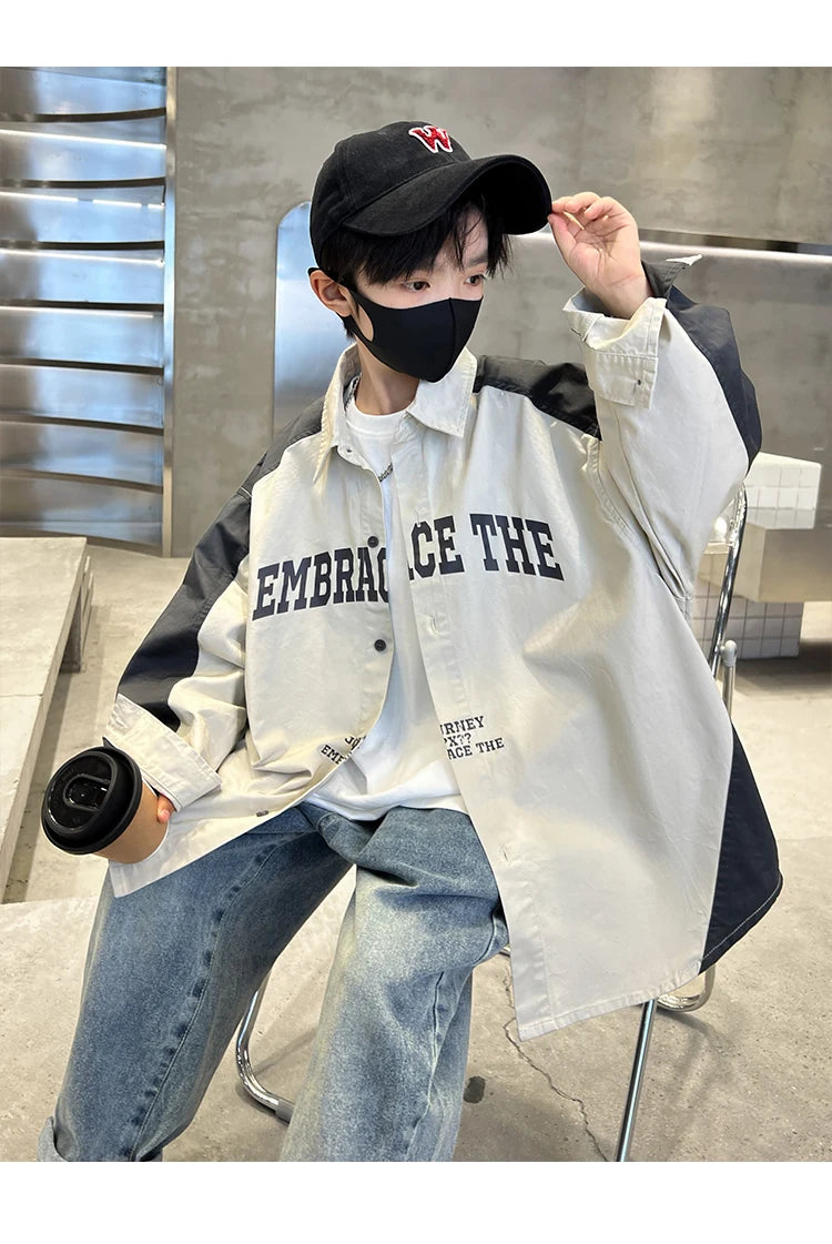 Korean Children Loose Style Long Sleeve Shirt for Teenage Boy Casual Spring Autumn Clothing School Kids Blouses Age 5 To 14 Y