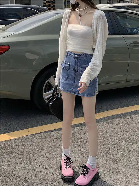 Jeans Skirts For Women Khaki Tight Woman Cargo Denim Skirt Short Stylish Premium Clothing Sales Casual Trend 2025 Korean Fashion