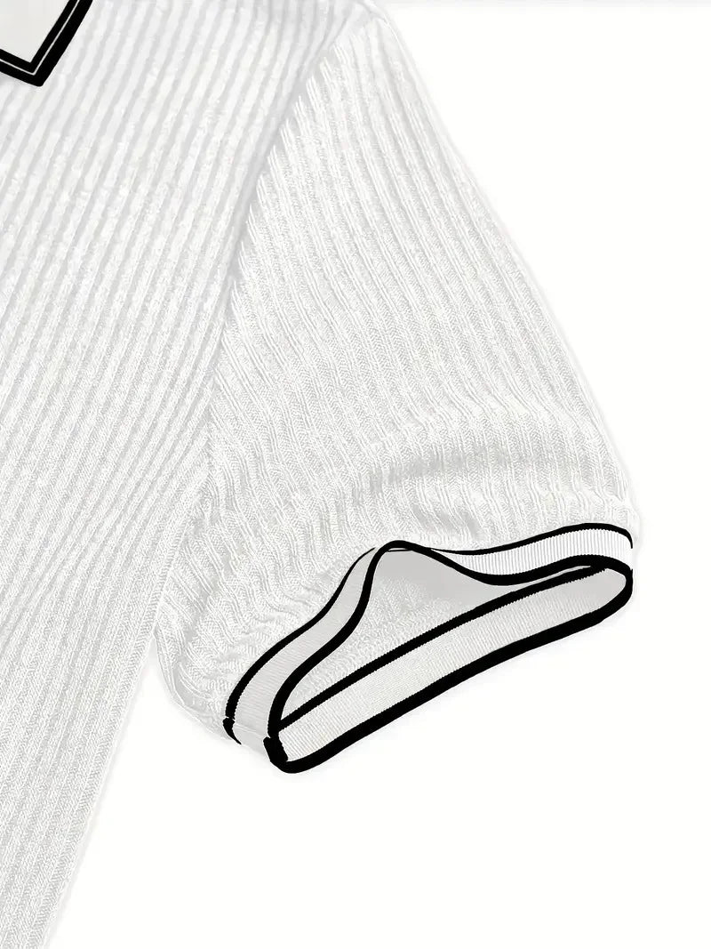 Men Ribbed Knit Polo Shirt Short Sleeve Turn Down Collar Contrast Trim Button Placket Slim Fit Casual Top