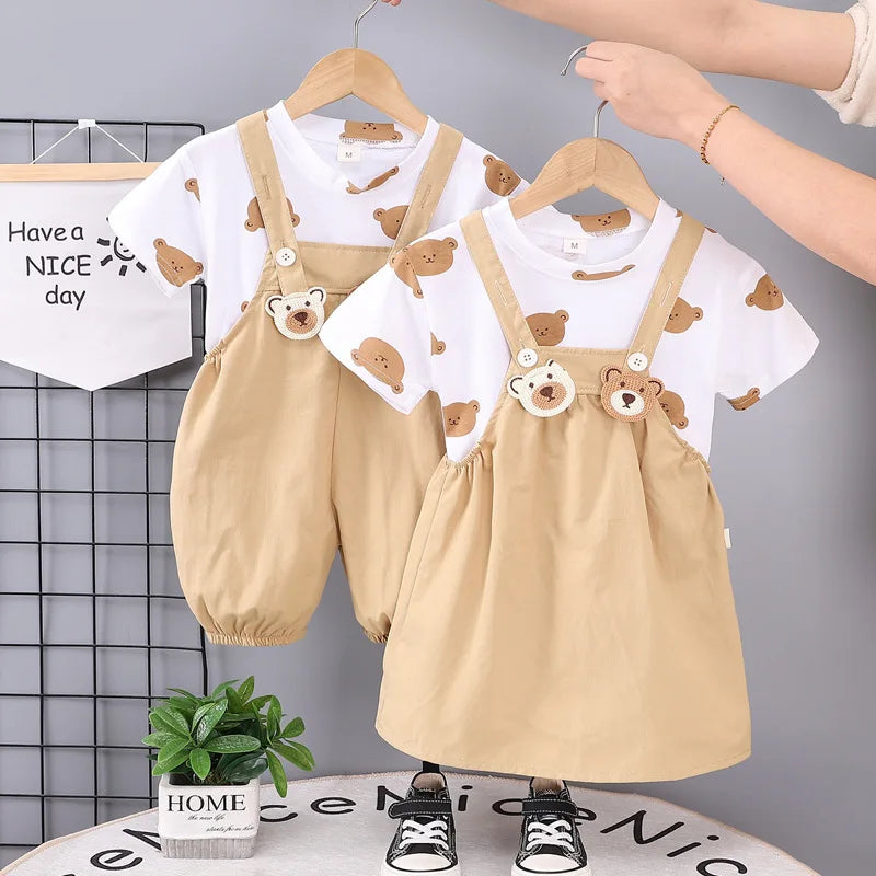 New Summer Baby Boys Fashion Cartoon T-Shirt Overalls 2Pcs/Set Toddler Girl Clothes Suit Children Costume Kids Twins Tracksuits