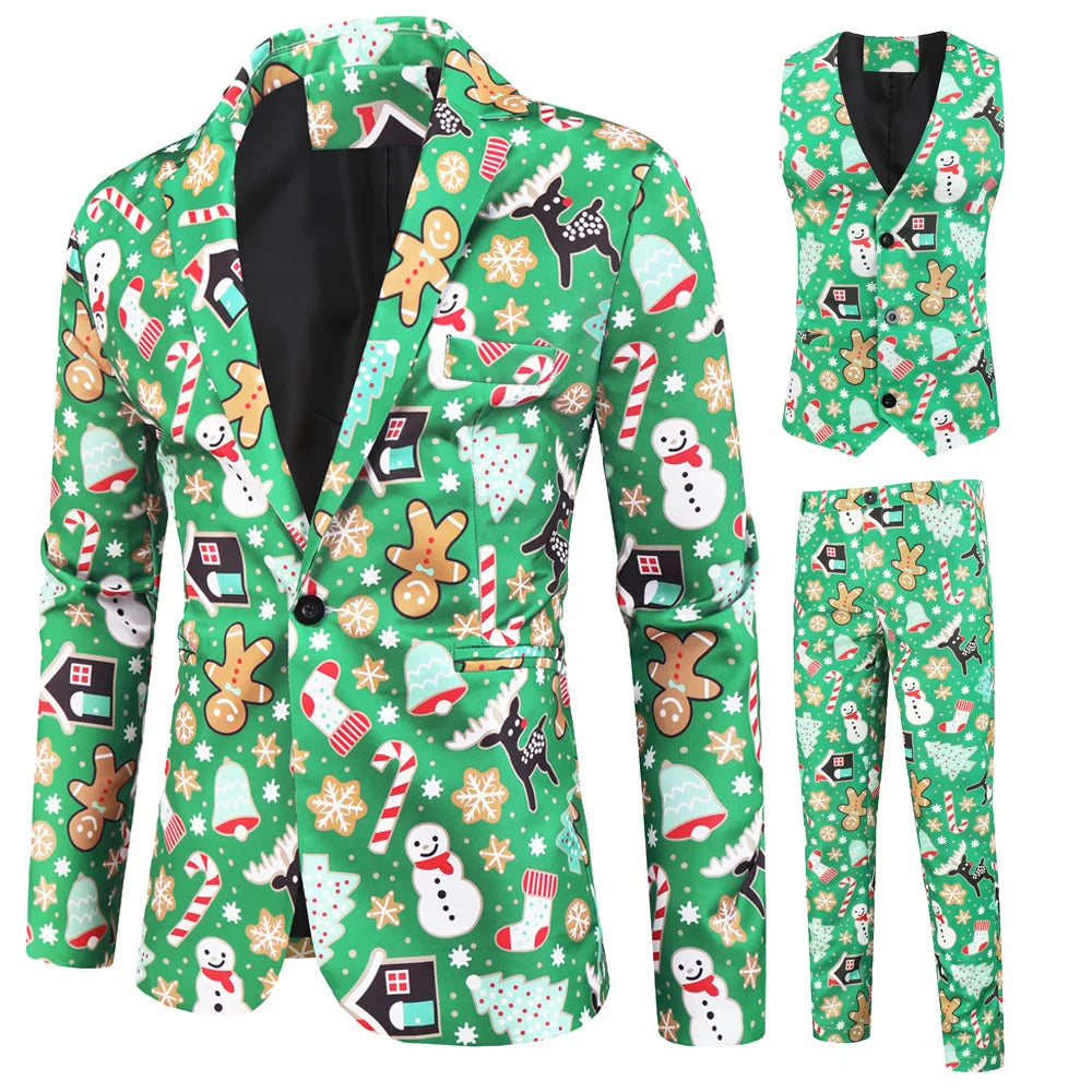 New Men's 3 Piece Christmas Sets Blazers+Vest+Pants 2026 Xmas Printed Men Suit Set Party Stage Dress Up Style Costume Streetwear