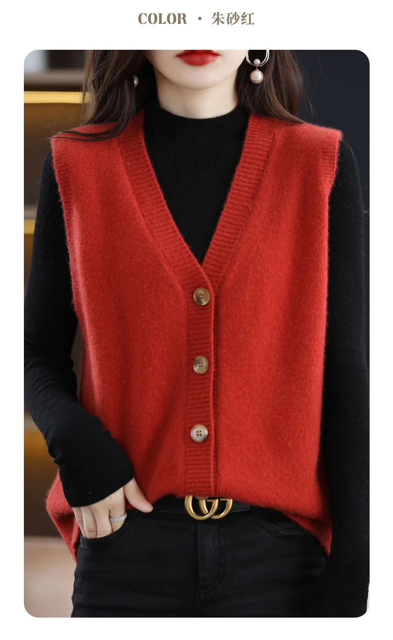 Girls Wear New Women's Loose High-End Waistcoat Knit Vest Wool V-Neck Solid Color Button Sleeveless Fashion Coat Cardigan Trend