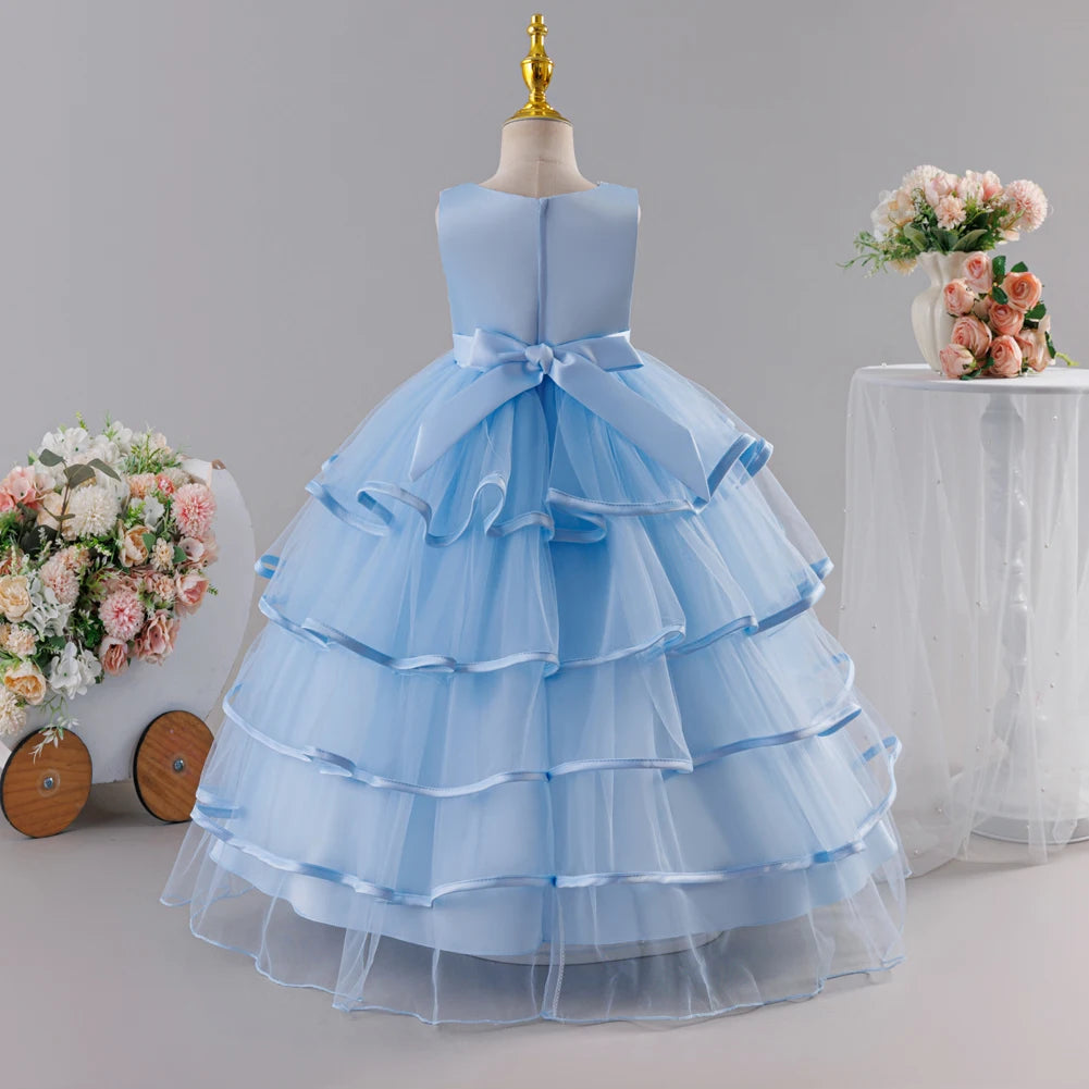 Girls Princess Dress Sleeveless Lace Embroidery Tiered Tulle Bow Formal Evening Gown for Wedding Birthday Party Christmas