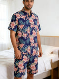 Men Fashion Floral Print Pajama Set Short Sleeve Shirt & Drawstring Elastic Waist Shorts with Pockets Soft Loungewear Nightwear