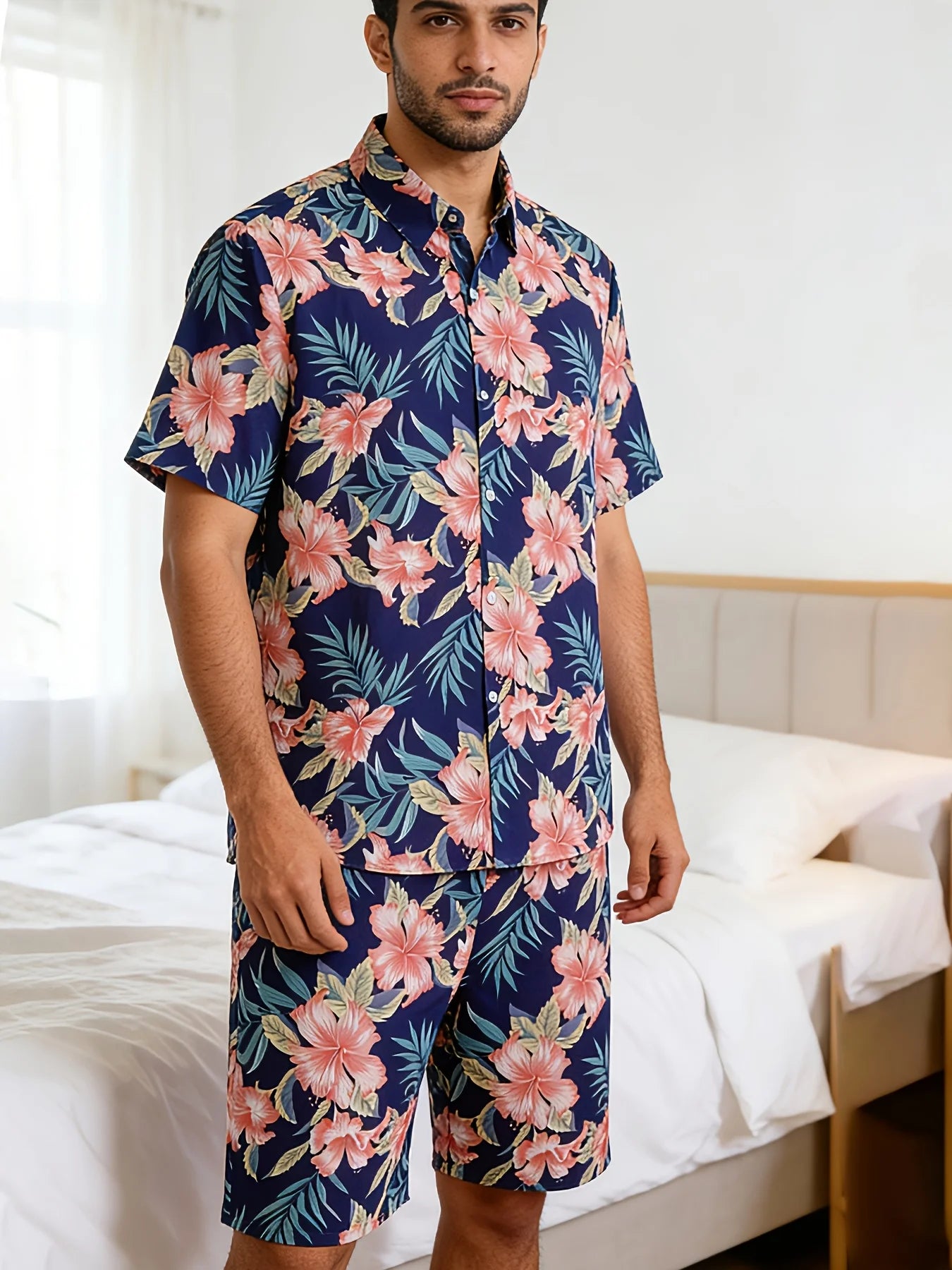 Men Fashion Floral Print Pajama Set Short Sleeve Shirt & Drawstring Elastic Waist Shorts with Pockets Soft Loungewear Nightwear