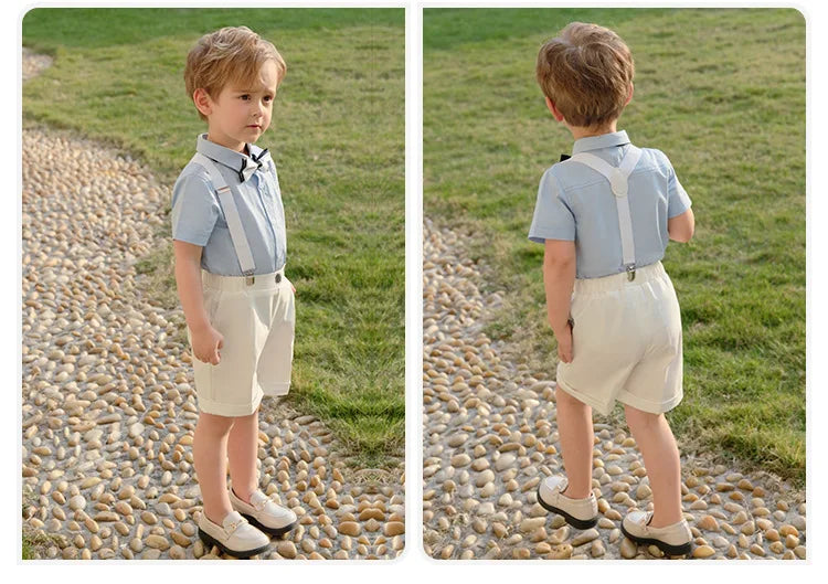 Kid Formal Strap Shirt Shorts Bowtie Clothing Set Gentleman Baby Toddler Tracksuit Elegant Boys Outfit Suit For Wedding Children