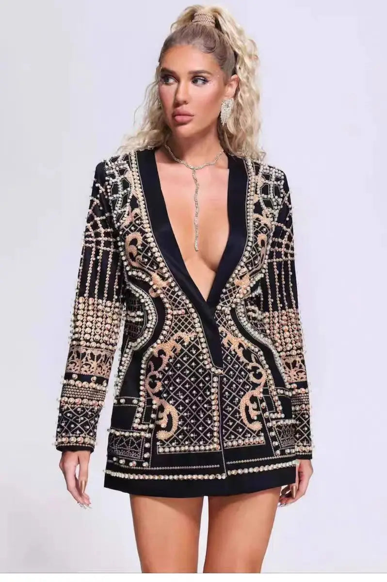 New Fashion Beaded V-neck Blazers for Women Streetwear Trendy High Quality Suit Jacket Coat Outerwear Female Clothing