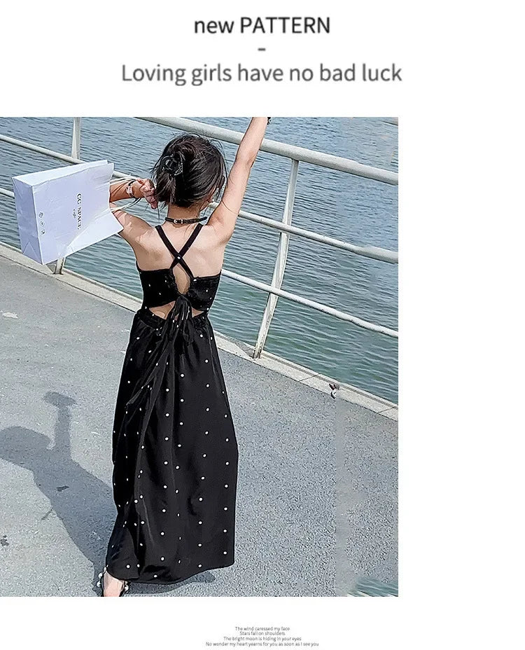 teenage girls dress design sense cross tie polka dot camisole princess dresses summer junior backless long skirt prom dresses 12