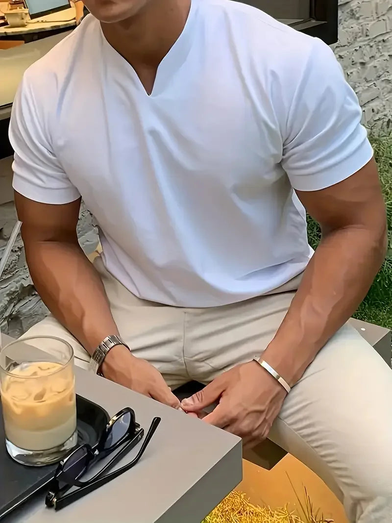 DIY custom printed V-neck T-shirt, fashionable men's short-sleeve T-shirt, stylish elegant casual streetwear top，everyday wear.