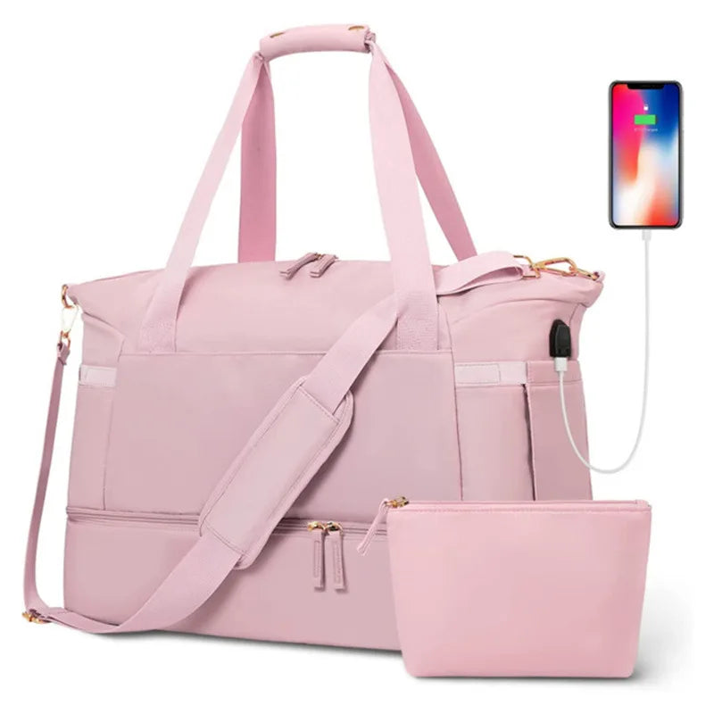 2Pcs Weekender Bag for Women Gym Bag with USB Charging Port Travel Duffle Bag Shoe Compartment Carry on Overnight