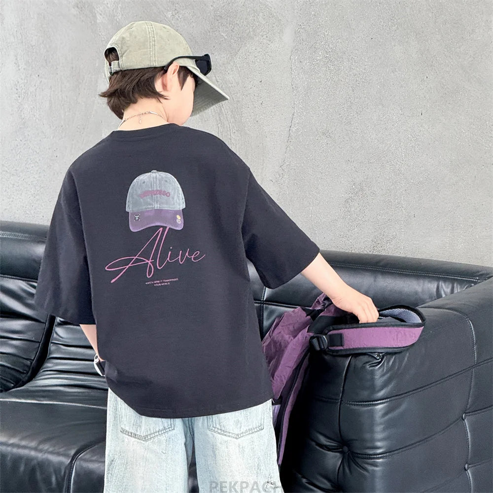 New Summer High Quality Teenage Children Short Sleeve Cotton T-shirt for a Boy Casual Tee Tops Kids Elegant Luxury Tshirt Wear