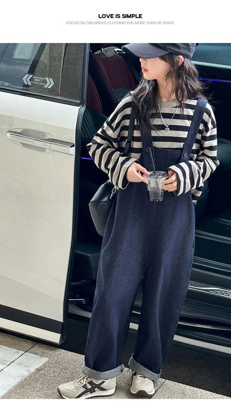 Girls 2 Piece Outfit Korean Style Kids Striped Long Sleeve T-shirt + Loose Denim Overalls Set Spring Autumn Children's Clothing