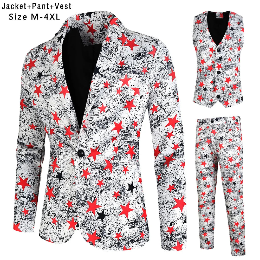 New Men's 3 Piece Christmas Sets Blazers+Vest+Pants 2026 Xmas Printed Men Suit Set Party Stage Dress Up Style Costume Streetwear