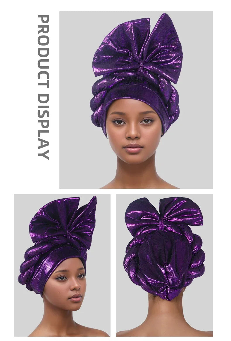 African Lady Head Wraps Nigeria Autogele Headtie Wedding Party Headgear Turbante Mujer Exaggerated Bow Turban Cap for Women
