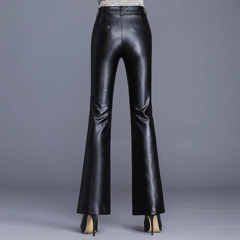 Women PU Leather Flared Trousers Female Autumn Winter Leather Pants High Waist Slim Streetwear Trousers Motorcycle Leather Pants