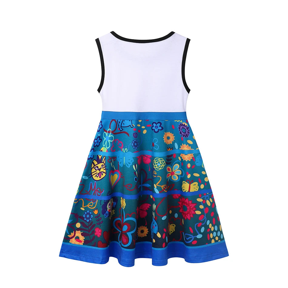 Summer Girls Dresses Cute Flower Print Round Neck Casual Dresses Carnival Party Girls Casual Dresses Princess Outfits