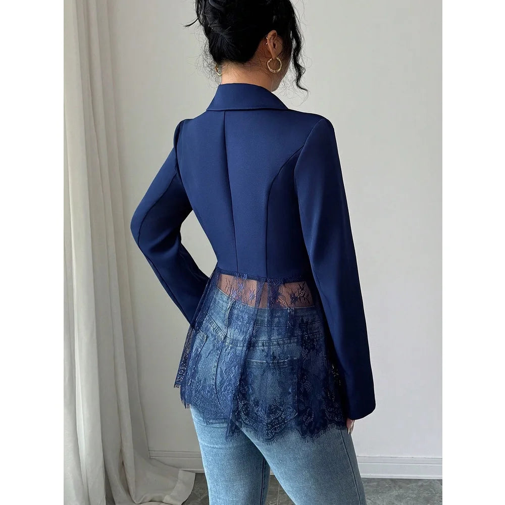 Women Elegant Blazer Suits Ladies Spring Autumn Long Sleeve Single Button Jackets Coats with Lace Hem