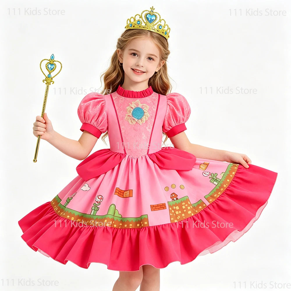 Kids Girls Summer Dresses Short Sleeve Print Costume New Movie Peach Princess Cosplay Dress Children Party Dress Birthday Gift