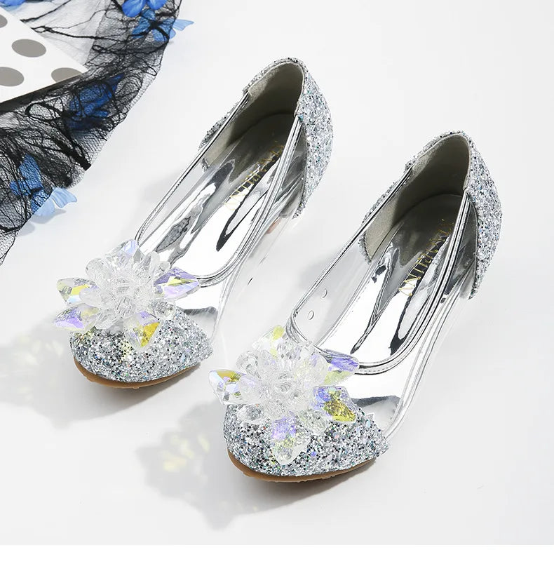 Pink Blue Princess Dance Shoes for Girls Low Heels for Kids Birthday Party Glitter Crystal Diamond Shoe Child Gown Leather Shoes