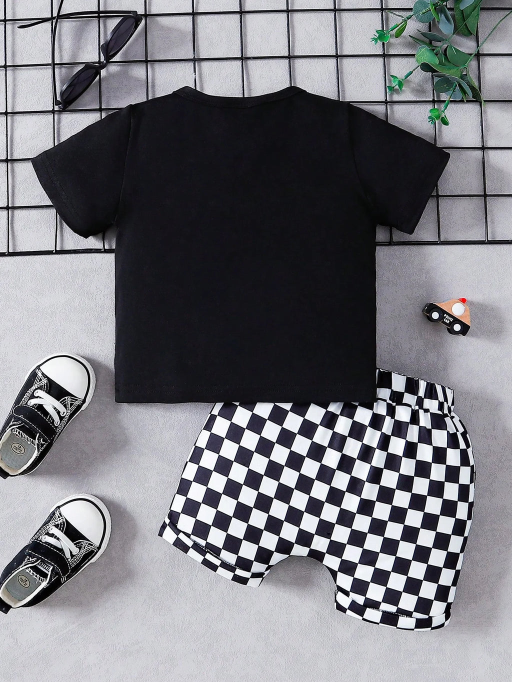 Summer Baby Boys 9-12M Black T-Shirt With Checkerboard Pocket & Checkerboard Harem Shorts 2Pcs Set Casual Daily Wear Kids Outfit