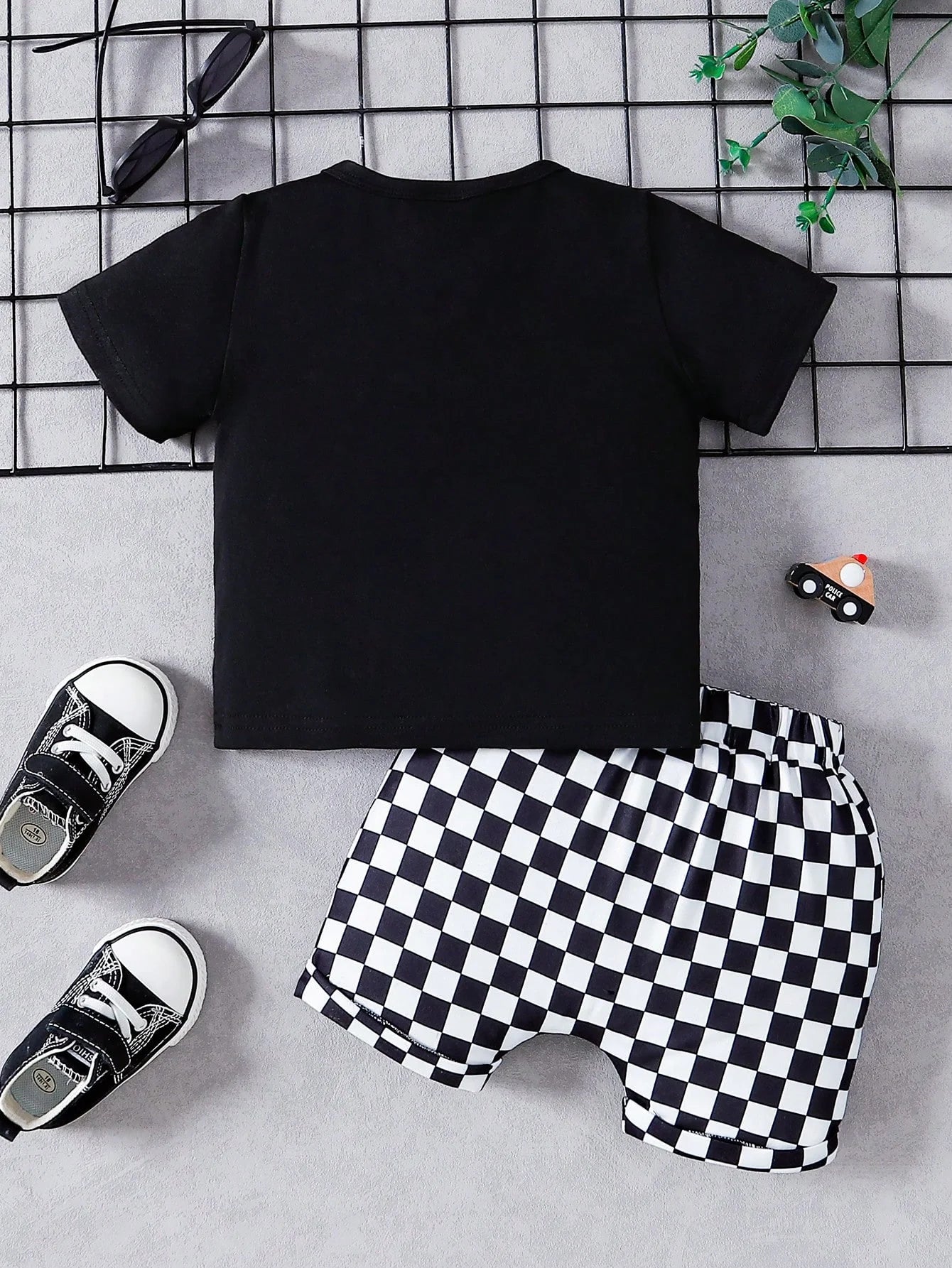 Summer Baby Boys 9-12M Black T-Shirt With Checkerboard Pocket & Checkerboard Harem Shorts 2Pcs Set Casual Daily Wear Kids Outfit