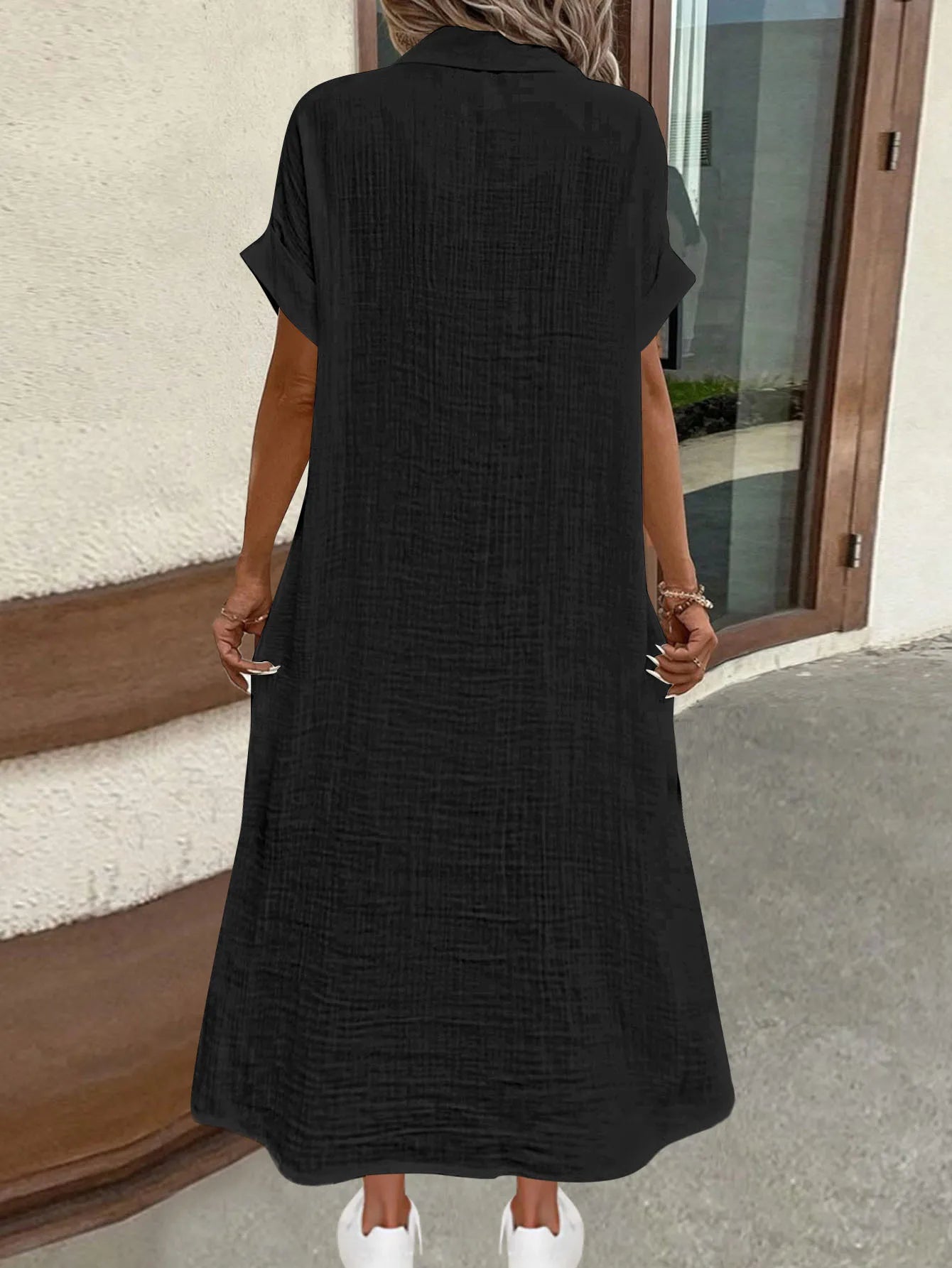 New European and American solid color shirt skirt spring and summer fashionable and comfortable women's short-sleeved long shirt