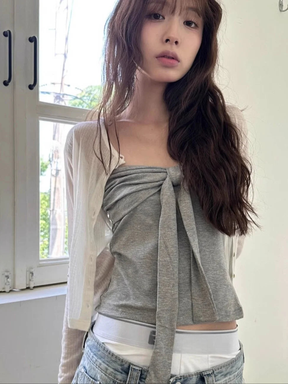 Summer Spicy Girl  Knot Tie Neck Vest Top Washed Denim Blue Women's Fashion Straight Cut Outerwear Short Length
